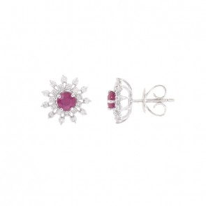 Brinco em Ouro 18k Branco Chuveiro Flor com 2 Rubis 4mm 0.70cts com 44 Diamantes 0.41cts