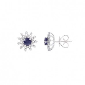 Brinco em Ouro 18k Branco Chuveiro Flor com 2 Safiras 4mm 0.72cts com 44 Diamantes 0.41cts
