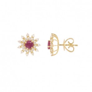 Brinco em Ouro 18k Chuveiro Flor com 2 Rubis 4mm 0.70cts com 44 Diamantes 0.41cts