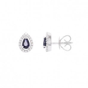 Brinco em Ouro Branco 18k Gota com 2 Safiras 5x3mm 0.54Cts e 36 Diamantes 0.15Cts   