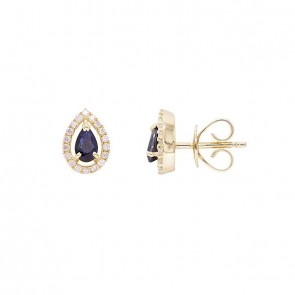 Brinco em Ouro 18k Gota com 2 Safiras 5x3mm 0.54Cts e 36 Diamantes 0.15Cts