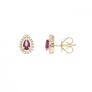 Brinco em Ouro 18k Gota com 2 Rubis 5x3mm 0.46Cts e 36 Diamantes 0.15Cts