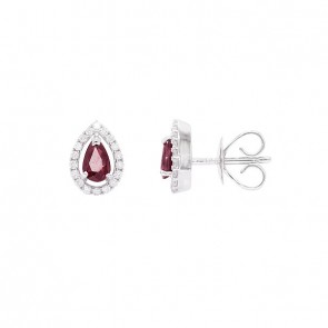 Brinco em Ouro 18k Branco Gota com 2 Rubis 5x3mm 0.54 Cts com 36 Diamantes 0.15cts