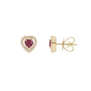 Brinco em Ouro 18k Coração Com 2 Rubis 4mm 0.52cts com 36 Diamantes 0.16cts