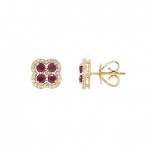 Brinco em Ouro 18k Flor com 50 Diamantes 0.23cts com 8 Rubis 2.5mm 0.68cts
