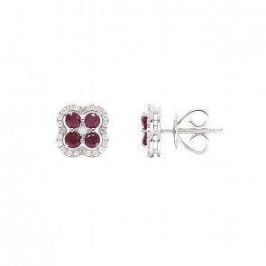 Brinco em Ouro 18k Branco Flor com 50 Diamantes 0.25cts com 8 Rubis 2.5mm 0.68cts