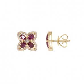 Brinco em Ouro 18k Flor com 8 Rubis 4x3m 1.30cts com 66 Diamantes 0.35ct