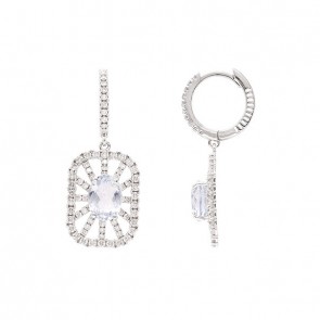 Brinco em Ouro 18k Branco Argola com Chuveiro Retangular com Água Marinha 1.62cts com 140 Diamantes 0.91cts