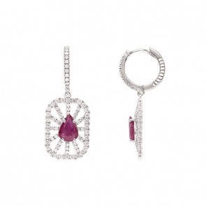 Brinco em Ouro 18k Branco Argola com Pingente Chuveiro Retangular com Rubis 1.43cts com 140 Diamantes 0.91cts