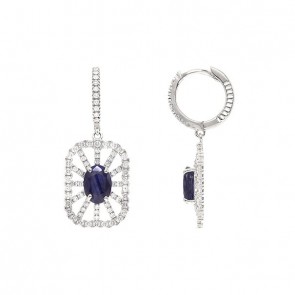 Brinco em Ouro 18k Branco Argola com Pingente Chuveiro Retangular com 2 Safiras 2.05cts com 140 Diamantes 0.91cts
