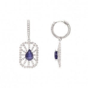 Brinco em Ouro 18k Branco Argola com Chuveiro Retangular com 2 Safiras 1.64cts com 140 Diamantes 0.91cts