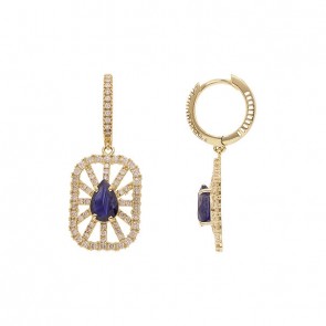 Brinco em Ouro 18k Argola com Chuveiro Retangular com 2 Safiras 1.64cts com 140 Diamantes 0.91cts