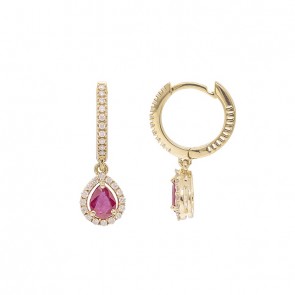 Brinco em Ouro 18k Argola com 52 Diamantes e Pingente Gota com 2 Rubis 