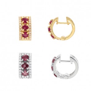 Brinco em Ouro  18k Argola Cravejada com 60 Diamantes e 6 Rubis 