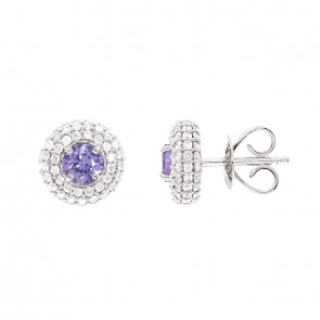 Brinco em Ouro Branco 18k Chuveiro Redondo com 162 Diamantes 0.76Cts e 2 Tanzanitas 4mm 0.59Cts  