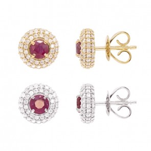 Brinco em Ouro 18k Chuveiro Redondo com 162 Diamantes e 2 Rubis 4mm                             