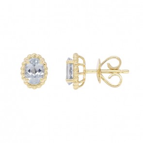 Brinco em Ouro 18k Oval com Bolinhas Polidas e 2 Água Marinhas 6x4mm 1.00Cts