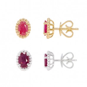 Brinco em Ouro 18k Oval Bolinhas Polidas com 2 Rubis 6x4mm 0.98Cts                                 