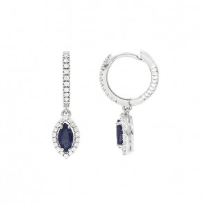 Brinco em Ouro Branco 18k Argola com 56 Diamantes e Pingente Navete com 2 Safiras 6x3mm
