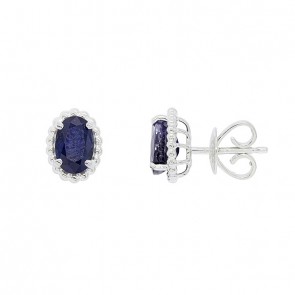 Brinco em Ouro Branco 18k Oval com Bolinhas Polidas e 2 Safiras 6x4mm 1.37Cts   