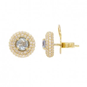 Brinco em Ouro 18k Chuveiro Redondo com 188 Diamantes 0.88Cts e 2 Agua Marinhas 4.5mm 1.48Cts                                 