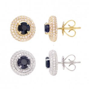 Brinco em Ouro 18k Chuveiro Redondo com 202 Diamantes e 2 Safiras 5mm                                
