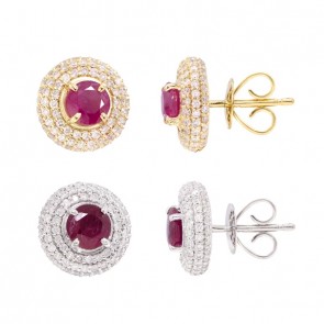Brinco em Ouro 18k Chuveiro Redondo com 202 Diamantes e 2 Rubis 5mm                                