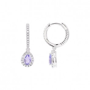 Brinco em Ouro Branco 18k Argola com 52 Diamantes e Pingente Gota com 2 Tanzanitas 5x3mm 