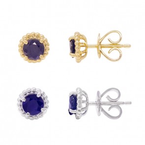 Brinco em Ouro 18k Redondo Bolinhas Polidas com 2 Safiras 5mm 1.15Cts                         