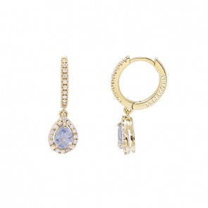 Brinco em Ouro 18k Argola com 52 Diamantes e Pingente Gota com 2 Agua Marinhas 5x4mm 