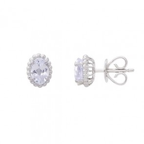 Brinco em Ouro Branco 18k Oval com Bolinhas Polidas e 2 Água Marinhas 6x3mm 1.00Cts 