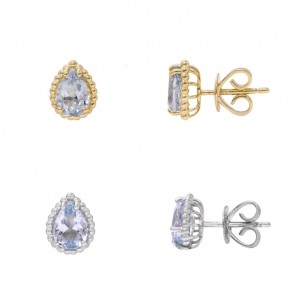 Brinco em 18k Gota Bolinhas Polidas com 2 Agua Marinhas 7x5mm 1.26Cts                      