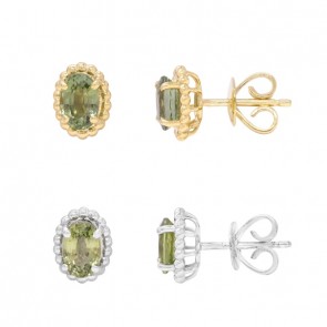 Brinco em Ouro 18k Oval Bolinhas Polidas com 2 Safiras Verdes 7x5mm 1.25Cts                  