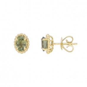 Brinco em Ouro 18k Oval Bolinhas Polidas com 2 Safiras Verdes 7x5mm 1.25Cts                  