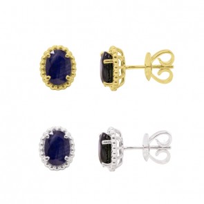 Brinco em Ouro 18k Oval Bolinhas Polidas com 2 Safiras 7x5mm 2.09Cts                  
