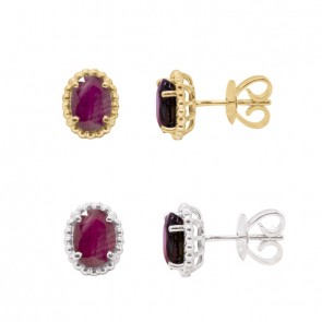 Brinco em Ouro 18k Oval Bolinhas Polidas com 2 Rubis 7x5mm 1.77Cts              