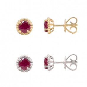 Brinco em Ouro 18k Redondo Bolinhas Polidas com 2 Rubis 5mm 0.99Cts          