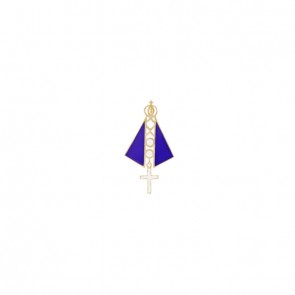 Pingente em Ouro 18k Nossa Senhora Aparecida  com Cruz e Cerâmica Azul e Branca
