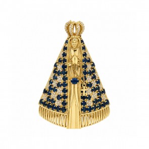 Pingente Nossa Sra. Aparecida com 156 Diamantes 0.78cts e 62 Safiras 2.5mm