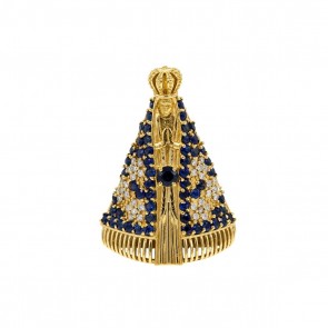 Pingente Nossa Sra. Aparecida com 36 Diamantes 0.14cts e 57 Safiras Azuis