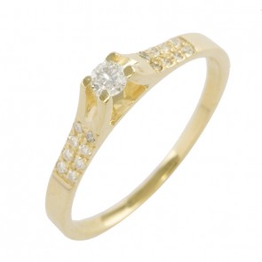 Anel Ouro Solitário com Diamante 10 Pontos Aro Cravejado com 16 Diamantes 