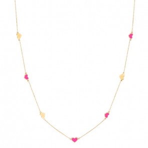 Gargantilha em Ouro 18k Corações com Cerâmica Rosa - 60cm