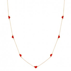 Gargantilha em Ouro 18k Corações com Cerâmica Vermelha- 60cm