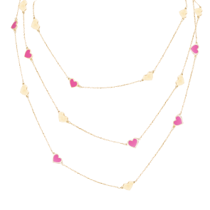 Gargantilha em Ouro 18k Corações com Cerâmica Rosa - 1.20MT