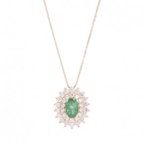 Gargantilha em Ouro 18k Chuveiro Princesa com 1 Esmeralda Oval e 28 Brilhantes
