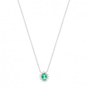Gargantilha em Ouro Branco 18k Chuveiro com 1 Esmeralda Oval  6x4mm e 12 Diamantes 