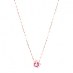 Gargantilha em Ouro Rosé 18k Chuveiro Redonda com 1 Safira Rosa 5mm e 12 Diamantes 