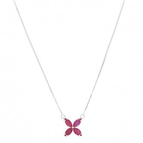 Gargantilha em Ouro Branco 18k Flor com 4 Rubis Navetes 6x3 1.00Cts
