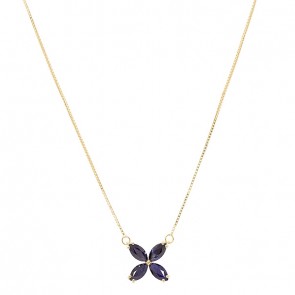 Gargantilha em Ouro 18 Flor com 4 Safiras Navetes 6x3 1.28cts