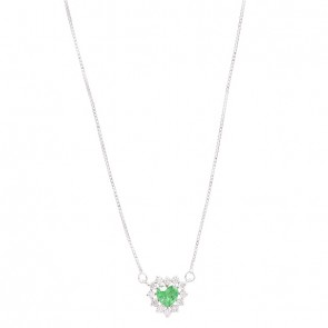 Gargantilha em Ouro Branco 18k Coração com 1 Esmeralda 4.50mm 0.32Cts com 12 Diamantes 0.18Cts